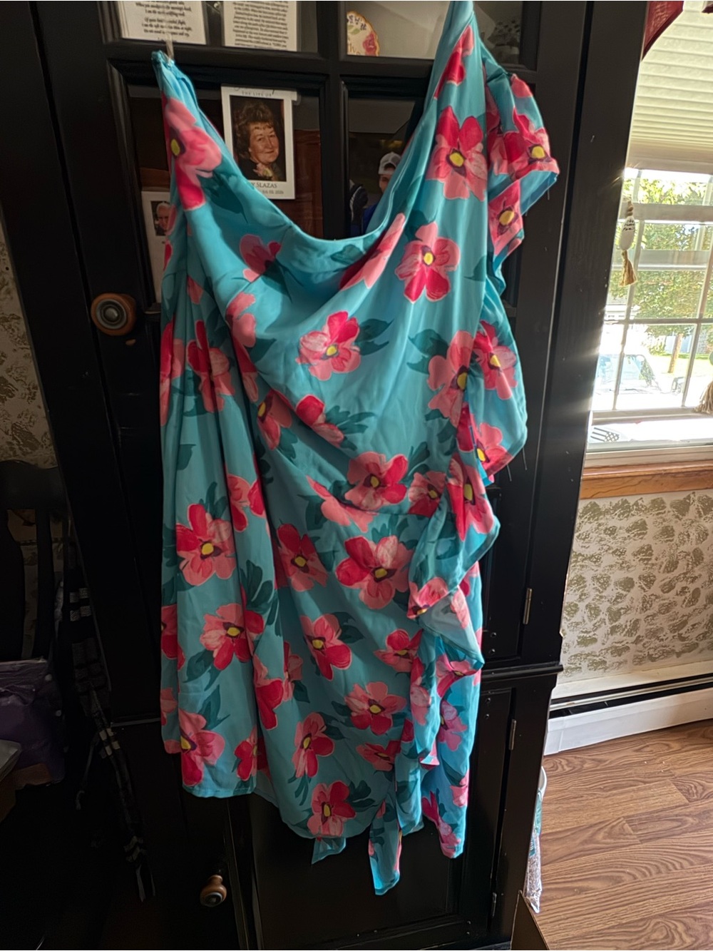 One-Shoulder Floral Dress in Turquoise with Pink Bloom